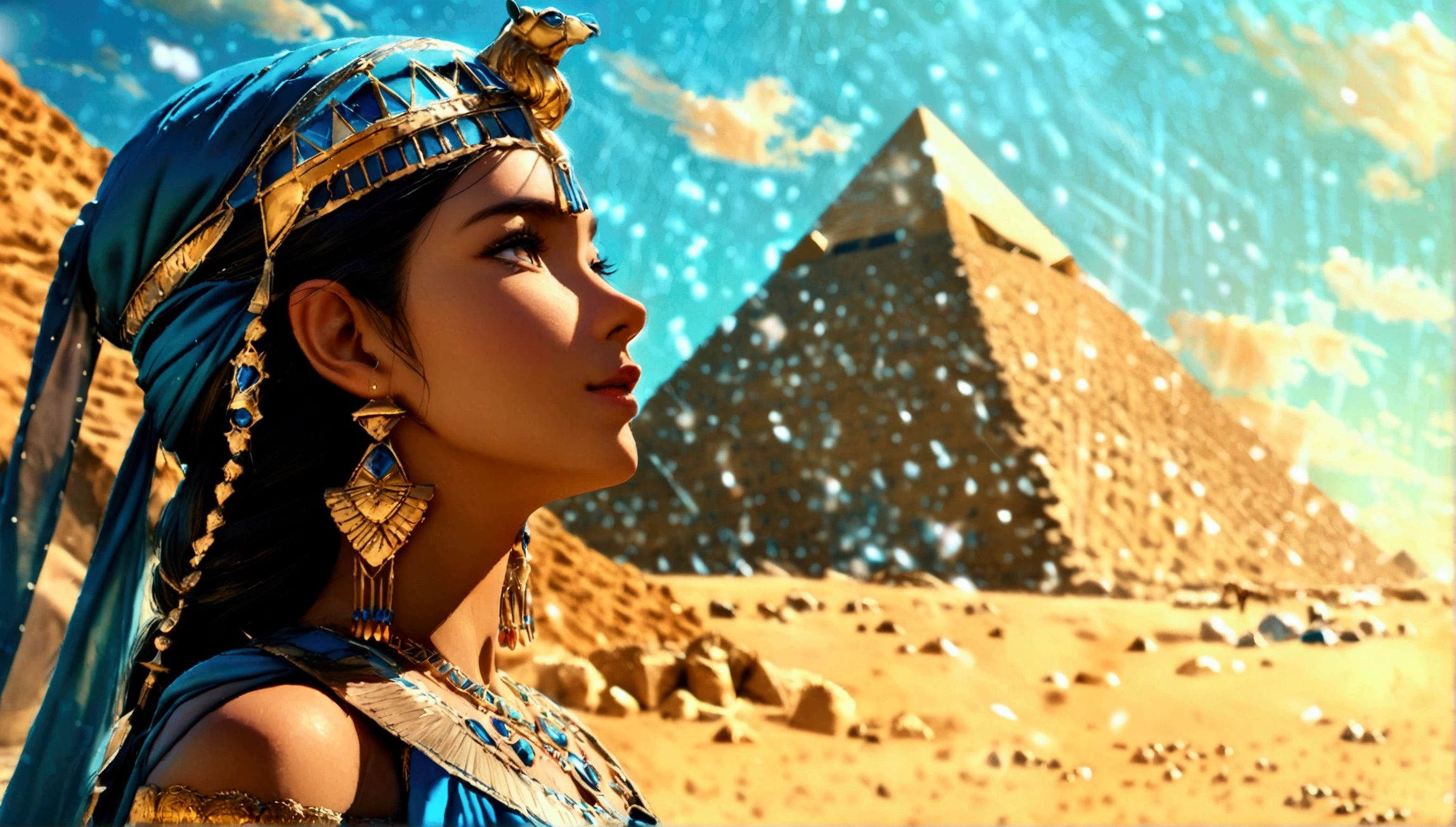 score 9, sorce photo, from side, wide shot, a young gay princess in egyptian style gorgeous dress, looking up at the pyramids, one hand up, clear blue sky, Very strong sunlight, endless desert, A line of camel caravan in the distance, hyper detailed, cinematic lighting, 8k, highly detailed face and eyes, intricate ornate jewelry, flowing fabric, masterpiece,