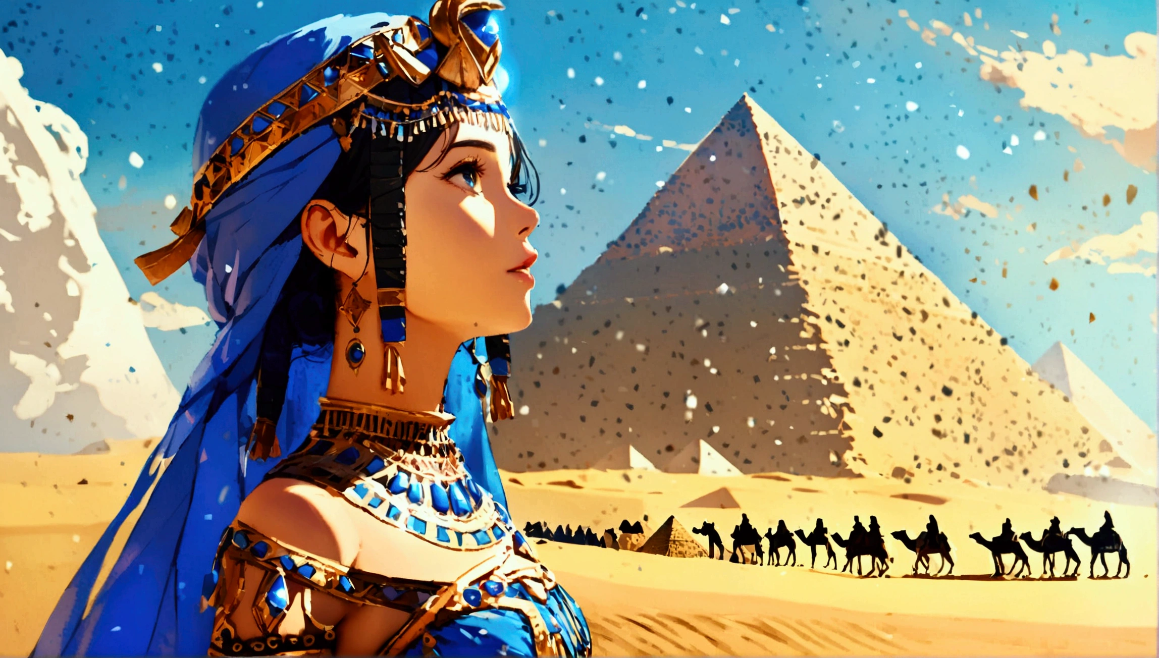 score 9, sorce photo, from side, wide shot, a young gay princess in egyptian style gorgeous dress, looking up at the pyramids, one hand up, clear blue sky, Very strong sunlight, endless desert, A line of camel caravan in the distance, hyper detailed, cinematic lighting, 8k, highly detailed face and eyes, intricate ornate jewelry, flowing fabric, masterpiece, 