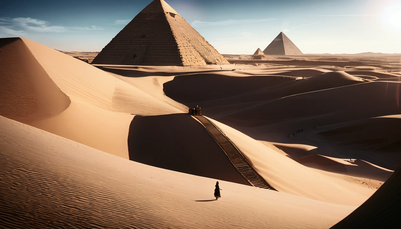 score 9, sorce photo, from side, wide shot, a young gay princess in egyptian style gorgeous dress, looking up at the pyramids, one hand up, clear blue sky, Very strong sunlight, endless desert, A line of camel caravan in the distance, hyper detailed, cinematic lighting, 8k, highly detailed face and eyes, intricate ornate jewelry, flowing fabric, masterpiece, 