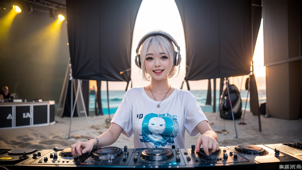 (ultra - detailed, 16K resolution, Cinema lenses, rendering by octane), (high resolution:1.18), intricate detail, (masterpiece:1.1), (highest quality:1.1), (1girl, portrait, white hair, blue eyes, short hair, detailed eyes),Wearing silver DJ headphones, sequined T-shirt, (in the beach:1.5), (Iconic hip-hop pop costumes:1.3), Smile while DJing on stage, DJ studio next to the beach, ((A stylish DJ stage on a hill overlooking the beach)), full body shot, Photorealistic photography by Sunshine, (cute round face:1.3), perfect fingers, five fingers, beautiful hands, perfect hands. master peace, cute smile.