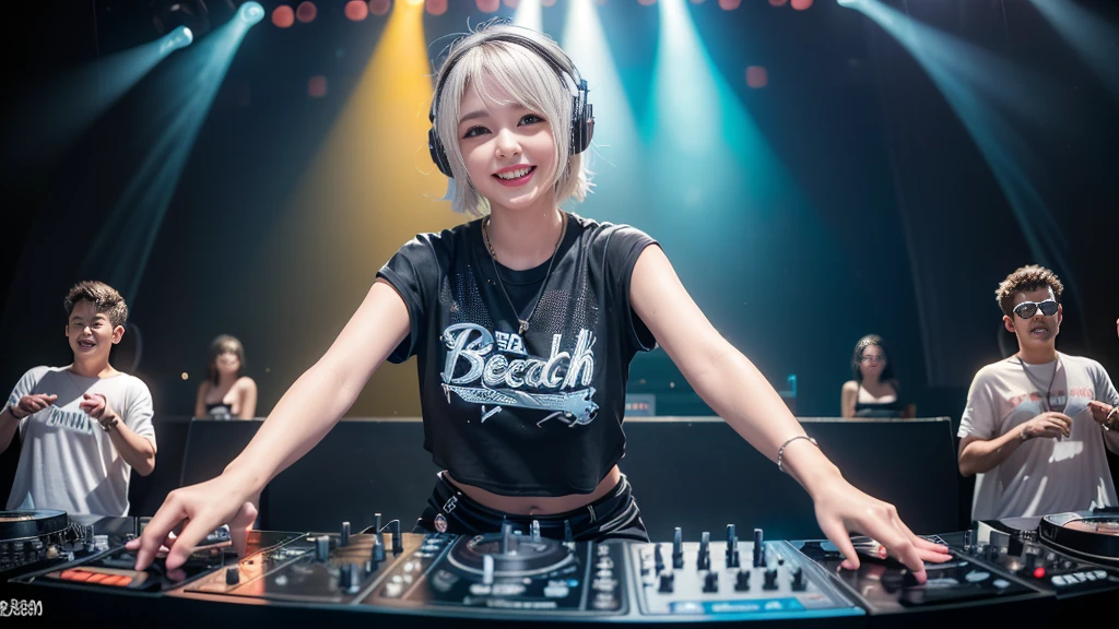 (ultra - detailed, 16K resolution, Cinema lenses, rendering by octane), (high resolution:1.18), intricate detail, (masterpiece:1.1), (highest quality:1.1), (1girl, portrait, white hair, blue eyes, short hair, detailed eyes),Wearing silver DJ headphones, sequined T-shirt, (in the beach:1.5), (Iconic hip-hop pop costumes:1.3), Smile while DJing on stage, DJ studio next to the beach, ((A stylish DJ stage on a hill overlooking the beach)), full body shot, Photorealistic photography by Sunshine, (cute round face:1.3), perfect fingers, five fingers, beautiful hands, perfect hands. master peace, cute smile.