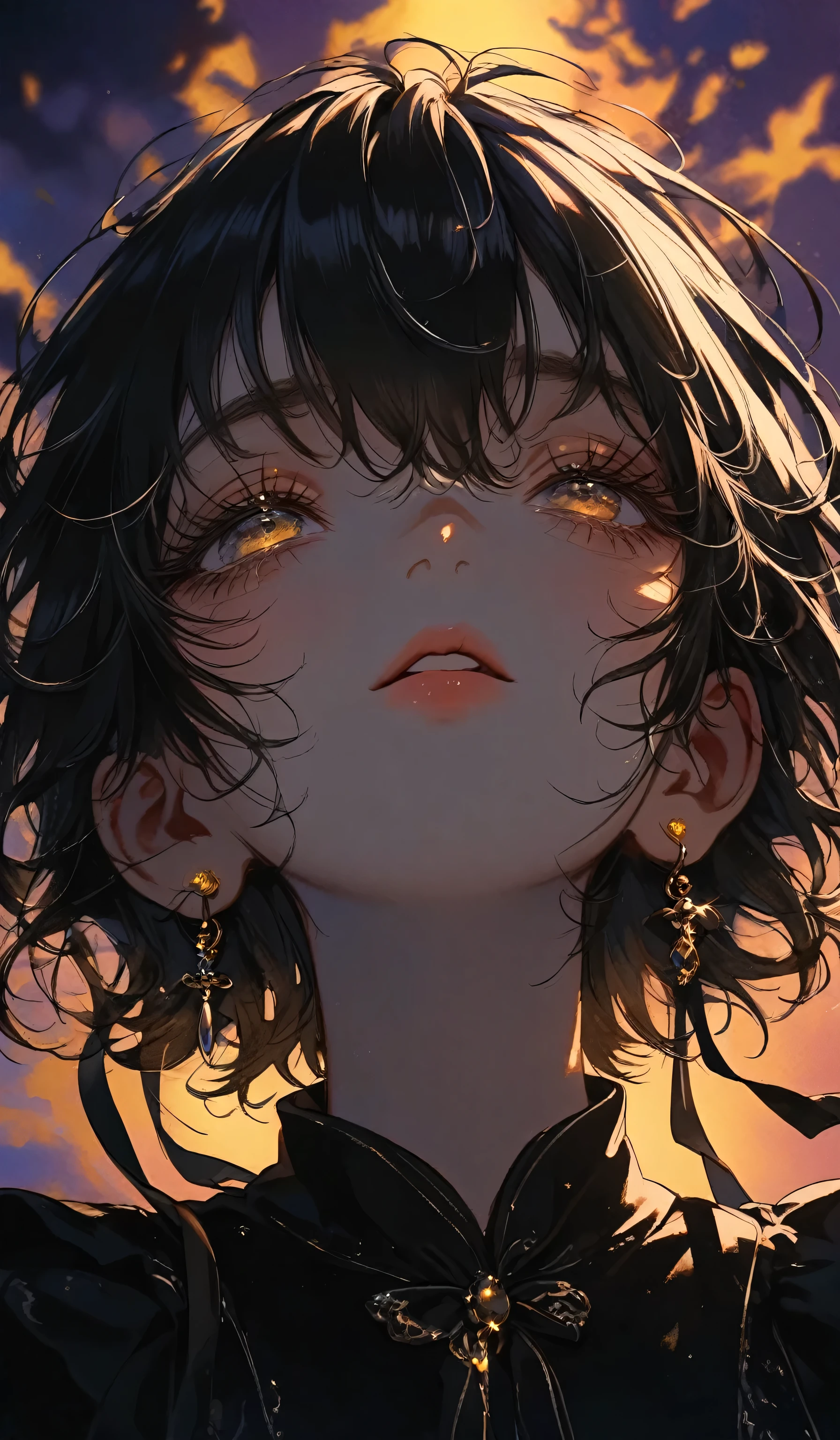 sunset light shines through the dark clouds, 1girl, solo, look up, half closed eyes, short hair, bangs, black hair, ribbon, hair between eyes, jewelry,  black shirts, upper body, earrings, yellow nail, blurry, eyelashes, black ribbon, half open eyes, ,