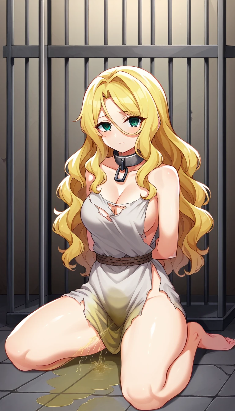 Anime. 1 Girl. Cute girl. Amputee. Slave. Disabled person. Quadruple amputation. Blonde hair. Long hair. Wavy hair. Grean eyes. Beautiful eyes. Perfect eyes. Expressive eyes. Ideal face. Beautiful nose. 16 years. Medium breasts. Beautiful breasts. Urinary incontinence. Wants to pee. I need to pee. A strong, desperate urge to pee. She peed herself. Urine flows from the perineum onto the floor. Urine flows down your thighs. Ideal anatomical body. Body with amputated limbs. Armless. Legless. Dirty tunic. Torn tunic. Slave collar. No panties. Sitting. Sits on the floor in a cage. Full height. Slums. Slave market. Many people. Beautiful character design. Shiny skin. Full body. NSFW. Official art. Extremely detailed CG Unity 8k wallpaper. Ideal lighting. Ultra high resolution 4K. Super detailed 8K resolution. A high resolution. 