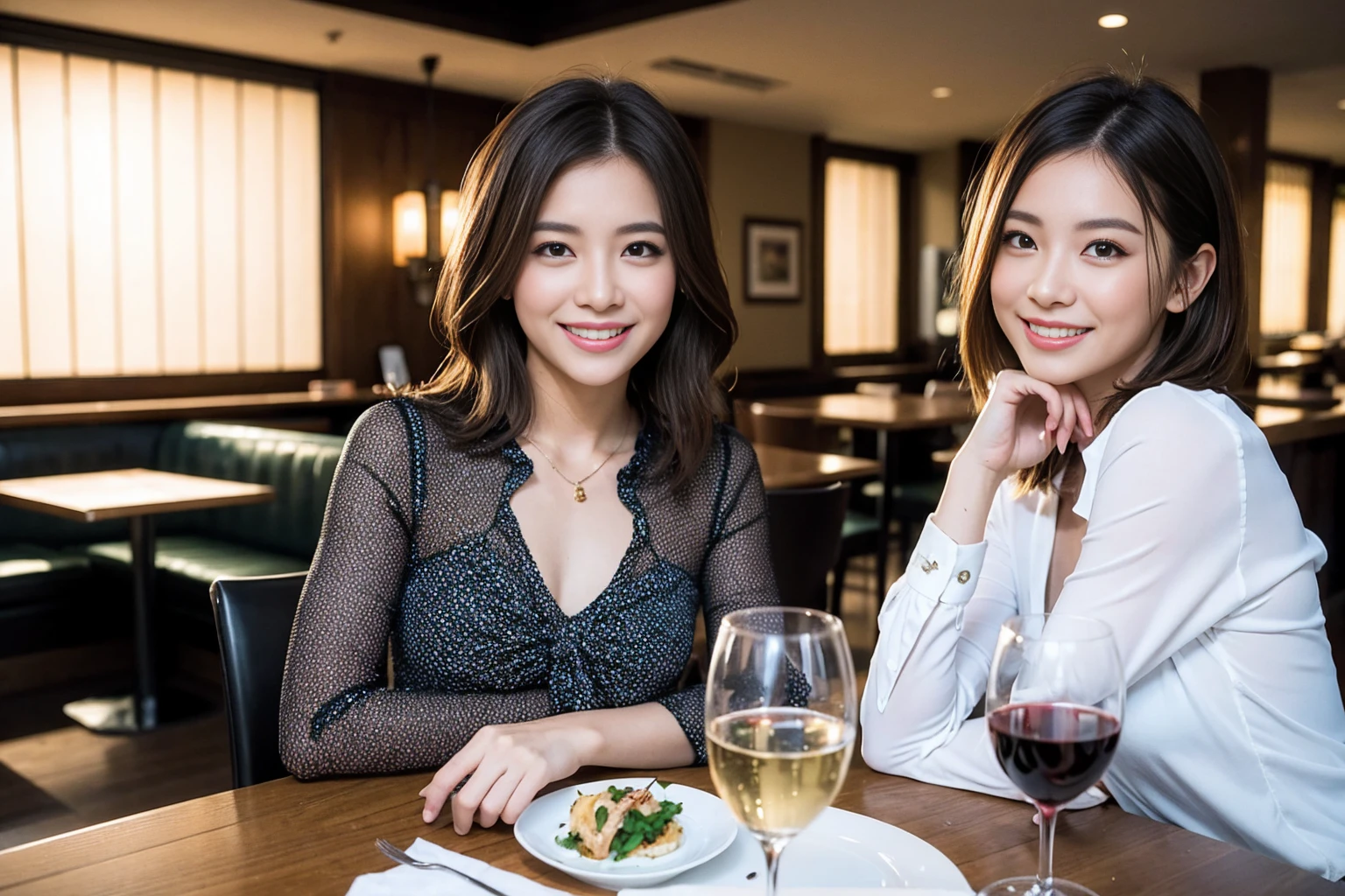 ((Highest quality、8K、masterpiece:1.3))、cute、slimカップル、modelカップル、actress男優、(Realistic, Intricate details:1.2), full-course dinner、Wine Party、Amazing view of the sunset sky and clouds、A bright smile、short hair,Bright Face、 (Age 37), Age 42, red wine 、Appetizers、Italian food、Wine bottle、Champagne、sparkling wine、Two beauties、Brown Hair、Shortcuts、Long sleeve shirt、dress、Beautiful woman 1, (slimな顔), (The body is slim), (Brown Hair), (Shortcuts), cheeks turn a little red,Attractive beauty、restaurant, In a prominent place (From the waist up) Nova Frog Style, actress, model, Upper Body, White wine, slim, wine glass, 中央に置かれたwine glass, smile, (smile: 1.15), Beautiful fine grain, Depth f/2,saturation, High Contrast, Strong light and shadow,Moist Body:1.5、3D texture、Delicate eyes、Brown Hair、The hair is very shiny、