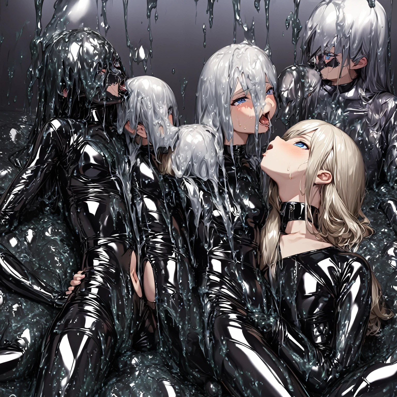 a woman in a wetsuit, posing for a photograph, perfect android girl, shiny latex, futuristic glossy latex suit, wear latex, Latex dress, wear a black latex suit, cute girl in a vest, latex outfits, cute cyborg girl, Photorealistic ideal body, shiny black dress, beautiful white cyborg girl, tight outfit, wrap glossy leather, lesbian, girl kisses girl,young girl, two girls, lesbian, girl kisses girl, girls sex goo queen, Short silver hair, Blue eyes, body in black tight latex, body covered with black mucus, orgasm, masturbation, lies in black goo , drowning in black goo , a lot of black goo , girls swallow black goo , masturbates with mucus