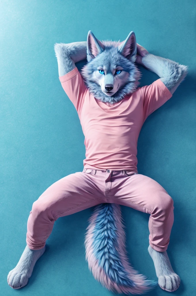 full body Male blue wolf furry blue eyes blue background fluffy tail lying down on the floor with squat legs open skinny light pink color jeans and pink shirts