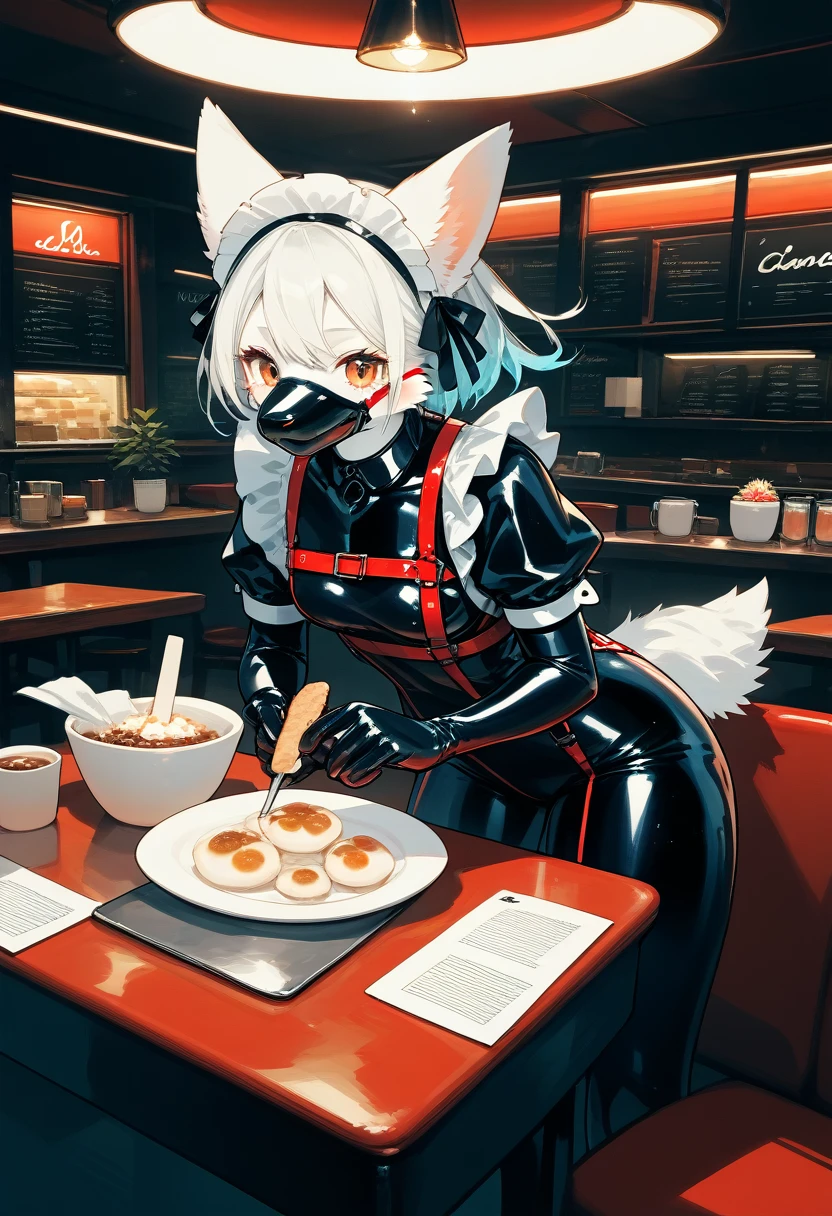 Highest quality, Highest quality, High quality illustrations, masterpiece, Ultra-high resolution, Detailed Background, Cafe, Absurd, Perfect Anatomy, performance, Good lighting, Shadows in the movies(kemono, Furry Personifi猫ion), White Skin, Rubber suit, Rubber suit, latex, neon, neonライト, neonカラー, Rubber maid outfit, ribbon, Rubber mask, Red harness