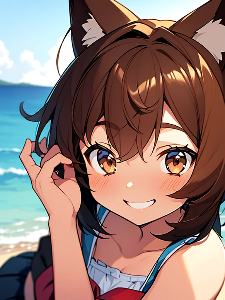 A cute little lowteen anime girl, short brown wavy hair, id shot, anime style, big shiny brown eyes, fox ears, 11 years old, summer, smile