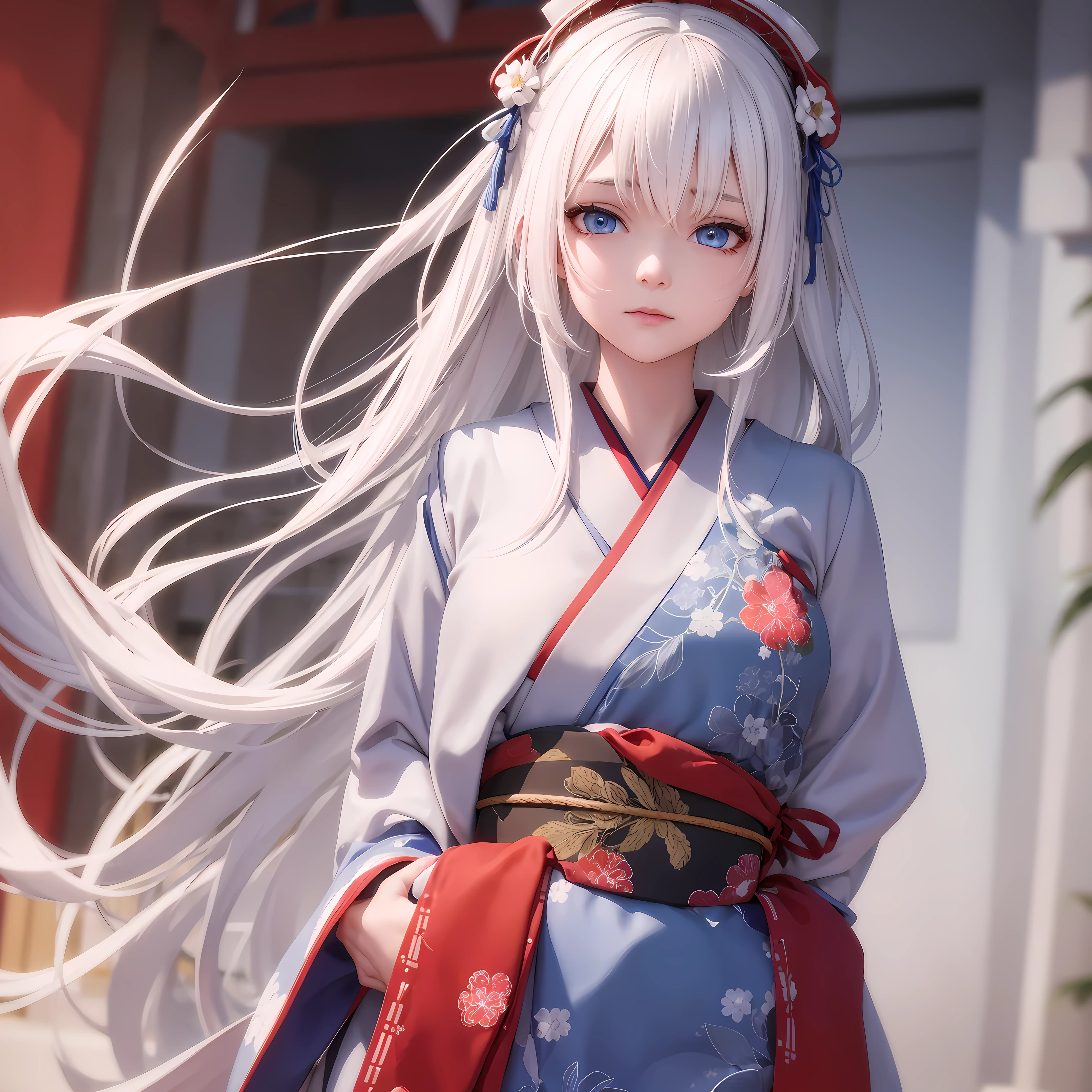 1 girl, white hair, blue eyes, wearing traditional japanese clothing, absurdres, high res, ultrasharp, 8K, masterpiece, looking at viewer