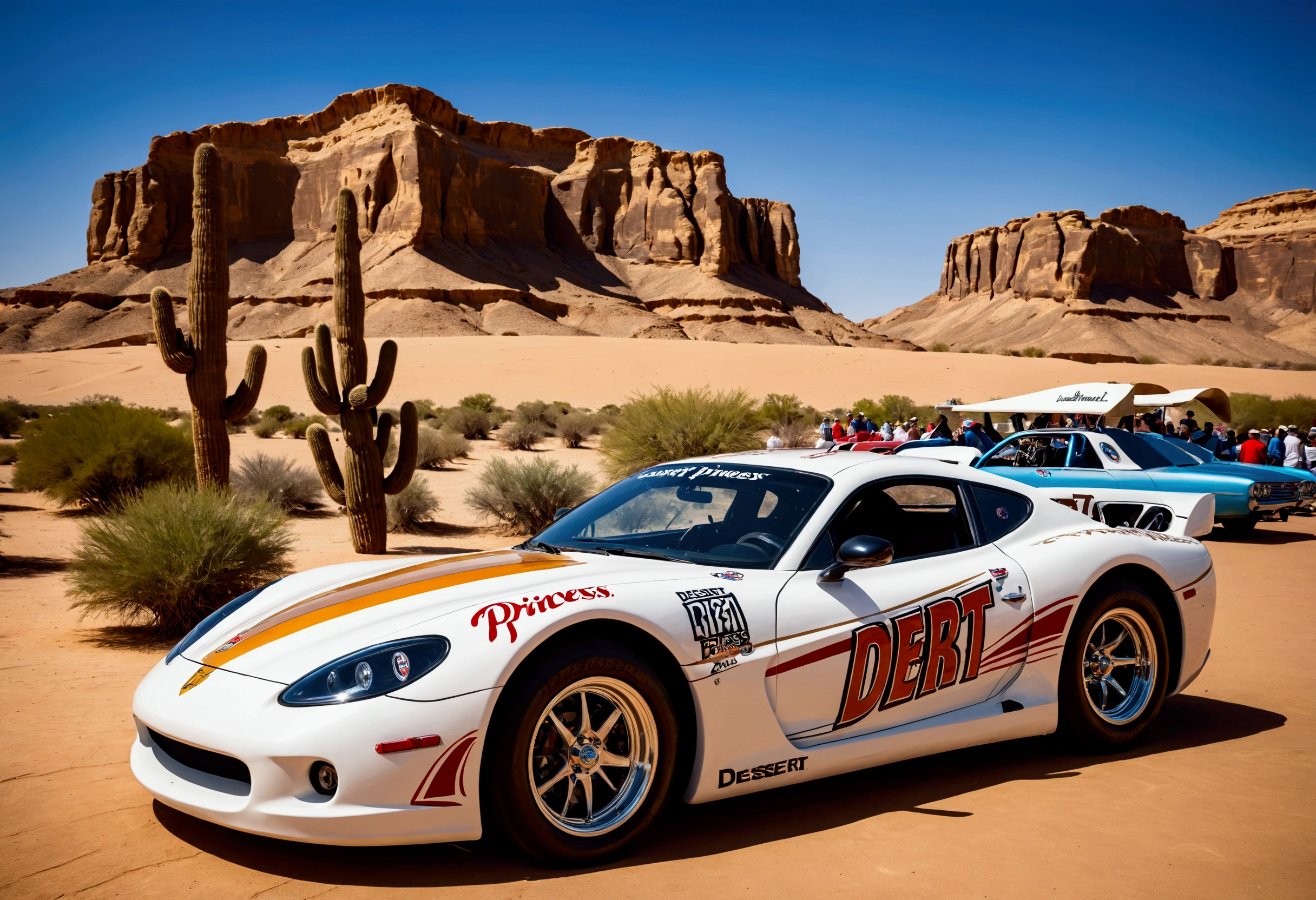 A race car with 'Desert Princess' written on the side, along with a painting of a desert princess, car show
