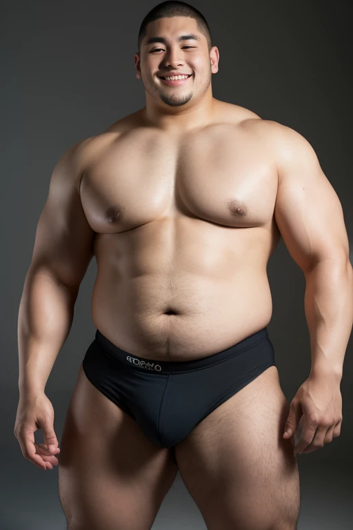 ((highest quality)), ((masterpiece)), (detailed), ((Perfect Face)), 4k, Shaved head, Young Japanese, Muscular, Fat body, Very big man, smile, ((showing off crotch))A large Japanese man topless、whole body、Rugby、Thick legs、Thick arm muscles、Intimidating、whole body、wearing a very short tight black shorts