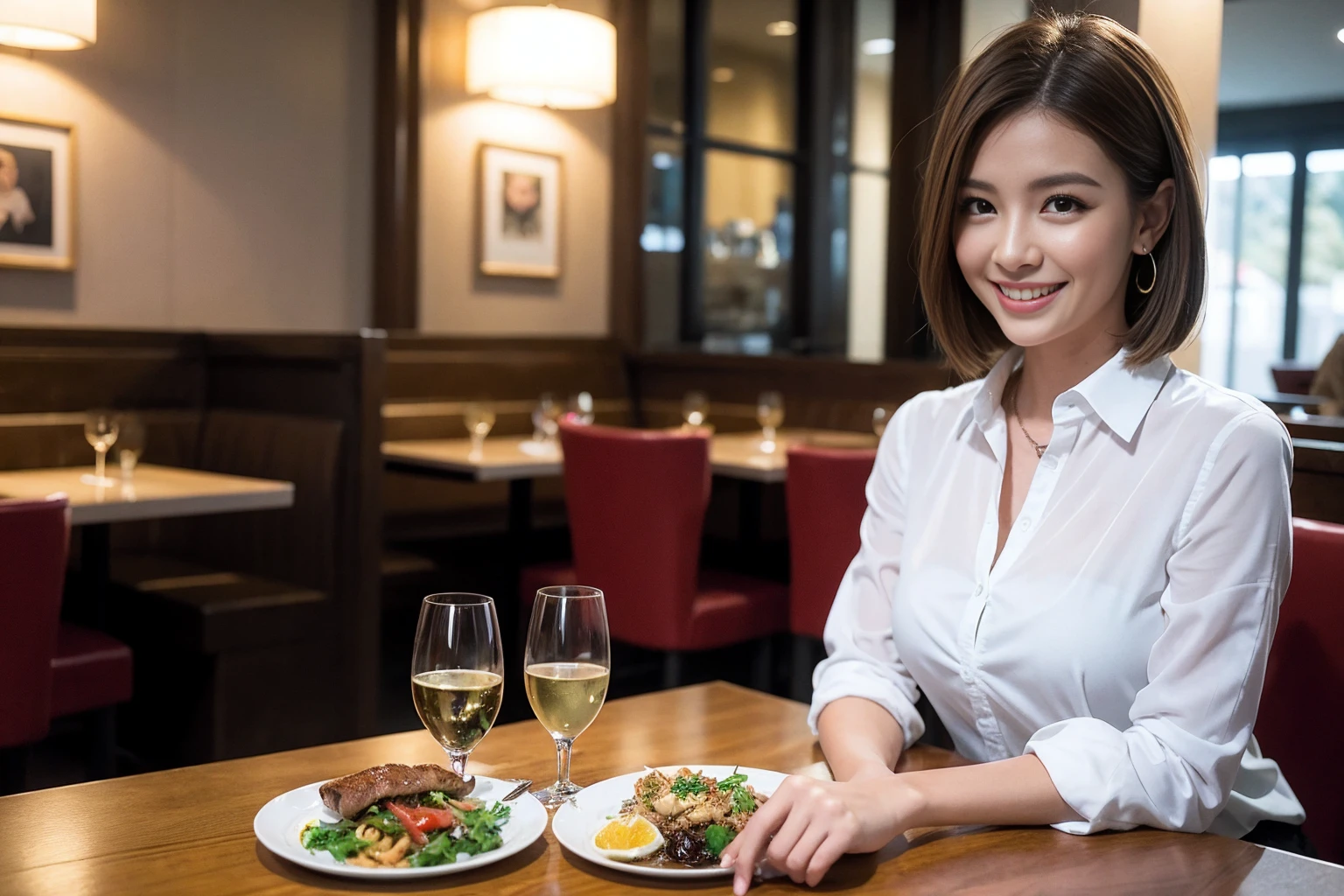 ((Highest quality、8K、masterpiece:1.3))、cute、slimカップル、modelカップル、actress男優、(Realistic, Intricate details:1.2), full-course dinner、Wine Party、Amazing view of the sunset sky and clouds、A bright smile、short hair,Bright Face、 (Age 44), Age 42, red wine 、Appetizers、Italian food、Wine bottle、Champagne、sparkling wine、Two beauties、Brown Hair、Shortcuts、Long sleeve shirt、dress、Beautiful woman 1, (slimな顔), (The body is slim), (Brown Hair), (Shortcuts), cheeks turn a little red,Attractive beauty、restaurant, In a prominent place (From the waist up) Nova Frog Style, actress, model, Upper Body, White wine, slim, wine glass, 中央に置かれたwine glass, smile, (smile: 1.15), Beautiful fine grain, Depth f/2,saturation, High Contrast, Strong light and shadow,Moist Body:1.5、3D texture、Delicate eyes、Brown Hair、The hair is very shiny、