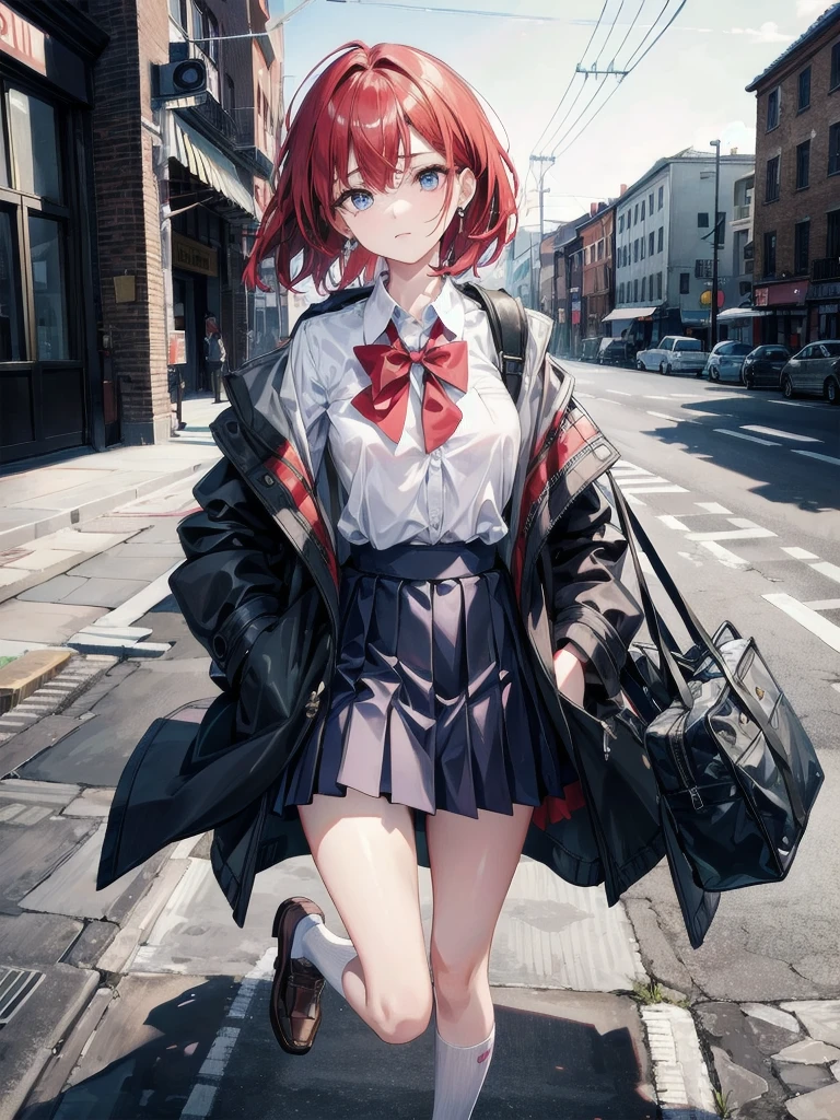 (finely detailed beautiful eyes and detailed face,masterpiece sidelighting,masterpiece,best quality,detailed,high resolution illustration),
(urban techwear, fantasy background, village,tree,woods),
(1girl,whole body,bishoujo,lustrous skin,looking down,looking at viewer),
(red hair,yellow eyes,short skirt,ribbon,button shirt)