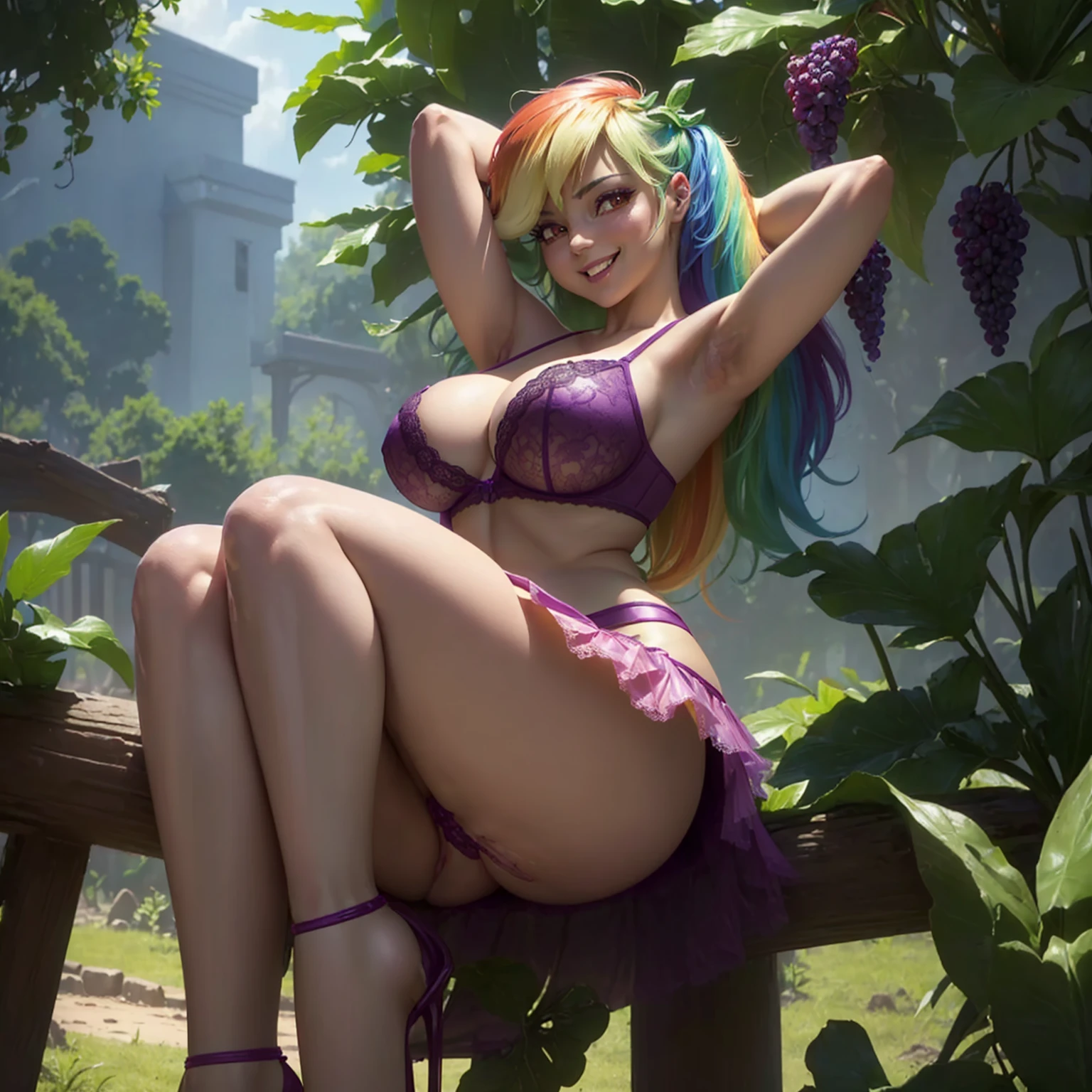 (((beautiful female body))),(((rainbow dash as a sweet charming hot seductive horny model))) ,(((sit on the fences leant to grape tree)))), (((outdoor))),(((jungle in background))),(((lewd and erotic posing))), (((happy wicked smile))) ,(((wear seven colors lace transparent see through very short bra))) , (((((upskirt view))))) , breasts are visible , (((wear high heels))) , (((full body))),golden bracelets , (((perfect big breasts))) , lush breasts , Bulky Breasts , voluminous breasts ,(((peeping the viewer))),(((bare belly))),(((side close upskirt view))),(((look at the viewer hands behind head)))