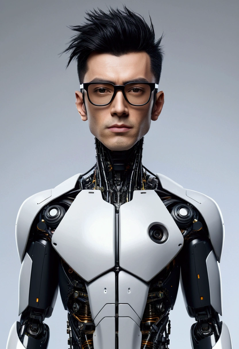 Male robot body hair with black-rimmed glasses with undercut hair, Look to the camera ::futuristic cyberpunk style ,realistic styling ::n_digital painting style, robotic parts, face perfect::seed 1、Black Edged Hair、large nose、Black-based clothing, photo by full body