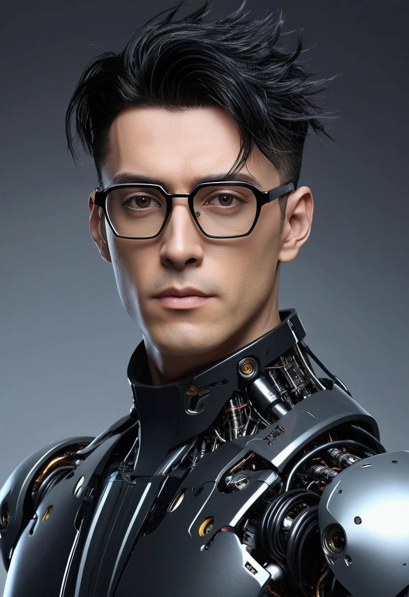 Male robot body hair with black-rimmed glasses with undercut hair, Look to the camera ::futuristic cyberpunk style ,realistic styling ::n_digital painting style, robotic parts, face perfect::seed 1、Black Edged Hair、large nose、Black-based clothing, photo by full body