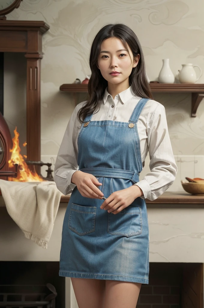 ((Masterpiece, Best quality, Photorealistic, High quality texture, High definition, intricate, detailed)),(realistic details texture:1.2),
(realistic, realistic_background, high_resolution, distinct_image:1.2),
a woman in an apron holding a fire in a room with windows and a fire place in the background, Chizuko Yoshida, official art, remodernism, a character portrait,Gucci, smail, big smail,