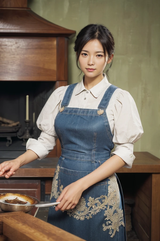 ((Masterpiece, Best quality, Photorealistic, High quality texture, High definition, intricate, detailed)),(realistic details texture:1.2),
(realistic, realistic_background, high_resolution, distinct_image:1.2),
a woman in an apron holding a fire in a room with windows and a fire place in the background, Chizuko Yoshida, official art, remodernism, a character portrait,Gucci, smail, big smail,