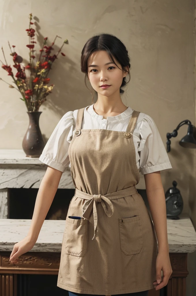 ((Masterpiece, Best quality, Photorealistic, High quality texture, High definition, intricate, detailed)),(realistic details texture:1.2),
(realistic, realistic_background, high_resolution, distinct_image:1.2),
a woman in an apron holding a fire in a room with windows and a fire place in the background, Chizuko Yoshida, official art, remodernism, a character portrait,Gucci, smail, big smail,
