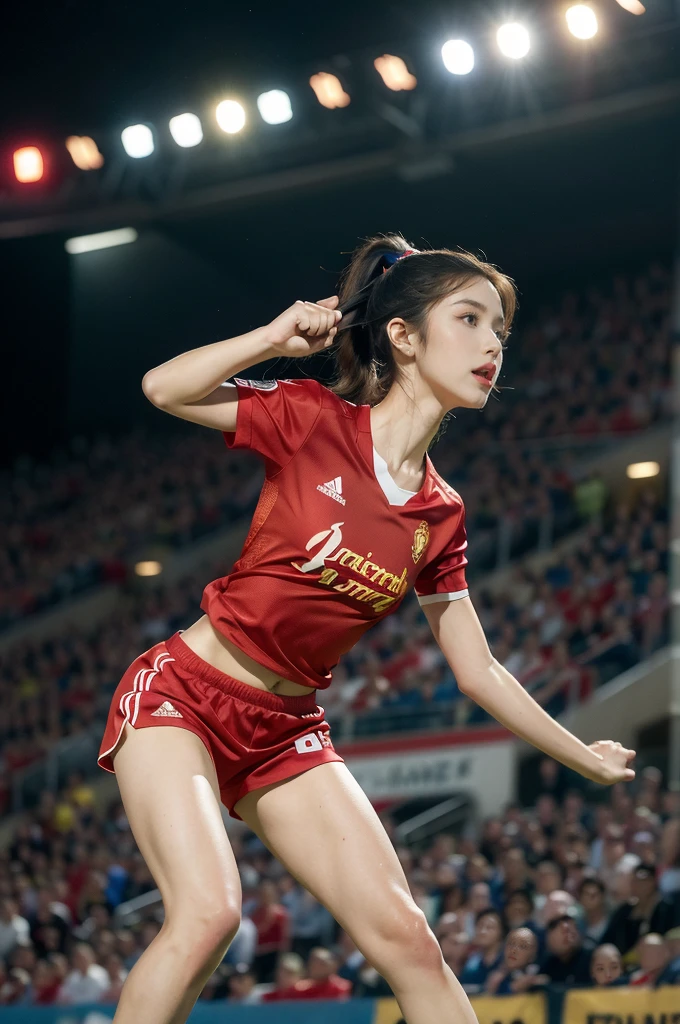 (((best quality))), (((ultra detailed))), (((masterpiece))), illustration,(a beautiful girl,female footballer,solo),(short ponytail:1.2),Spanish team,(short sleeves:1.2),((red jersey, blue shorts)),((slim,thin)),((small breasts,flat chest))),(slender legs:1.2),(football:1.3),determination, agility, passion, dedication, energetic crowd, vibrant atmosphere, electric, invigorating, chaotic, aggressive movements, powerful kicks, elegance, composure, intensity, sports, moment, perseverance, stands, packed stands, enthusiastic fans, roaring, supportive, cheering, chanting, sheen of sweat, skillful, dynamic, picturesque, atmospheric, action-packed, dramatic, realistic,adium, night game, stadium lighting, passionate player, focus, determination, talent, artistry, movement, speed, grace,((from front,full body)),(night scene:1.3)