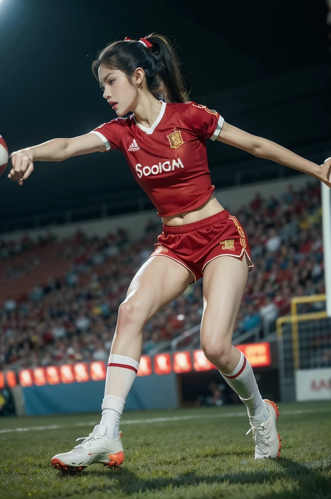 (((best quality))), (((ultra detailed))), (((masterpiece))), illustration,(a beautiful girl,female footballer,solo),(short ponytail:1.2),Spanish team,(short sleeves:1.2),((red jersey, blue shorts)),((slim,thin)),((small breasts,flat chest))),(slender legs:1.2),(football:1.3),determination, agility, passion, dedication, energetic crowd, vibrant atmosphere, electric, invigorating, chaotic, aggressive movements, powerful kicks, elegance, composure, intensity, sports, moment, perseverance, stands, packed stands, enthusiastic fans, roaring, supportive, cheering, chanting, sheen of sweat, skillful, dynamic, picturesque, atmospheric, action-packed, dramatic, realistic,adium, night game, stadium lighting, passionate player, focus, determination, talent, artistry, movement, speed, grace,((from front,full body)),(night scene:1.3)