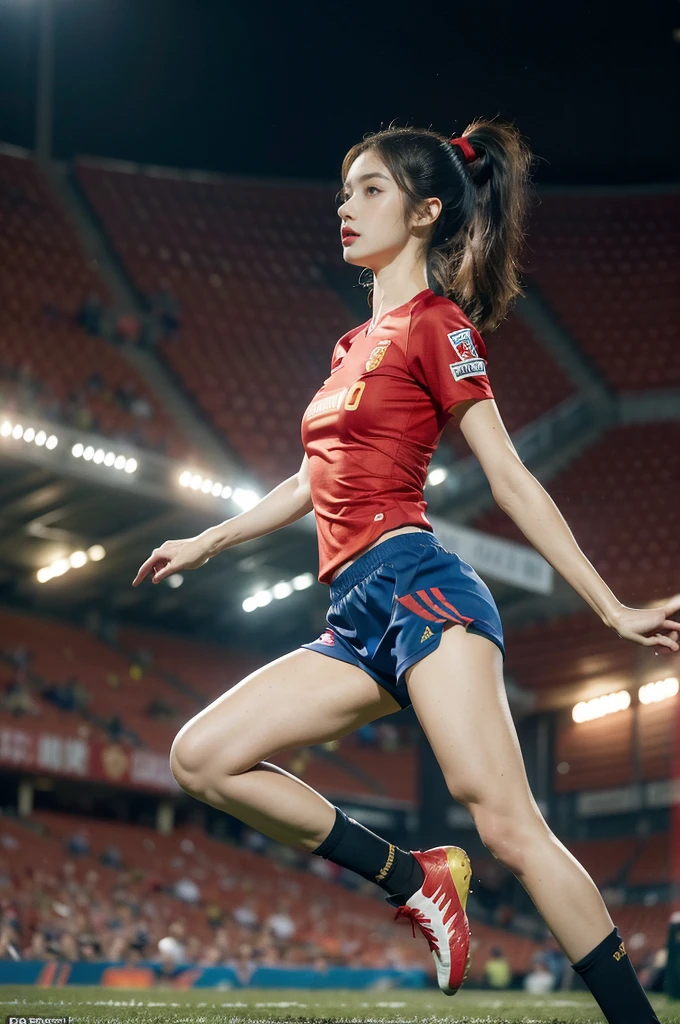 (((best quality))), (((ultra detailed))), (((masterpiece))), illustration,(a beautiful girl,female footballer,solo),(short ponytail:1.2),Spanish team,(short sleeves:1.2),((red jersey, blue shorts)),((slim,thin)),((small breasts,flat chest))),(slender legs:1.2),(football:1.3),determination, agility, passion, dedication, energetic crowd, vibrant atmosphere, electric, invigorating, chaotic, aggressive movements, powerful kicks, elegance, composure, intensity, sports, moment, perseverance, stands, packed stands, enthusiastic fans, roaring, supportive, cheering, chanting, sheen of sweat, skillful, dynamic, picturesque, atmospheric, action-packed, dramatic, realistic,adium, night game, stadium lighting, passionate player, focus, determination, talent, artistry, movement, speed, grace,((from front,full body)),(night scene:1.3)