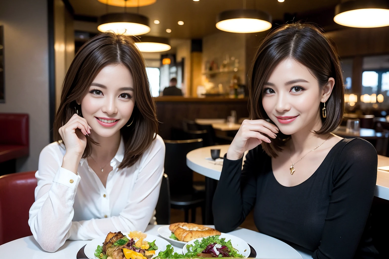 ((Highest quality、8K、masterpiece:1.3))、cute、slimカップル、modelカップル、actress男優、(Realistic, Intricate details:1.2), full-course dinner、Wine Party、Amazing view of the sunset sky and clouds、A bright smile、short hair,Bright Face、 (Age 44), Age 42, red wine 、Appetizers、Italian food、Wine bottle、Champagne、sparkling wine、Two beauties、Brown Hair、Shortcuts、Long sleeve shirt、dress、Beautiful woman 1, (slimな顔), (The body is slim), (Brown Hair), (Shortcuts), cheeks turn a little red,Attractive beauty、restaurant, In a prominent place (From the waist up) Nova Frog Style, actress, model, Upper Body, White wine, slim, wine glass, 中央に置かれたwine glass, smile, (smile: 1.15), Beautiful fine grain, Depth f/2,saturation, High Contrast, Strong light and shadow,Moist Body:1.5、3D texture、Delicate eyes、Brown Hair、The hair is very shiny、