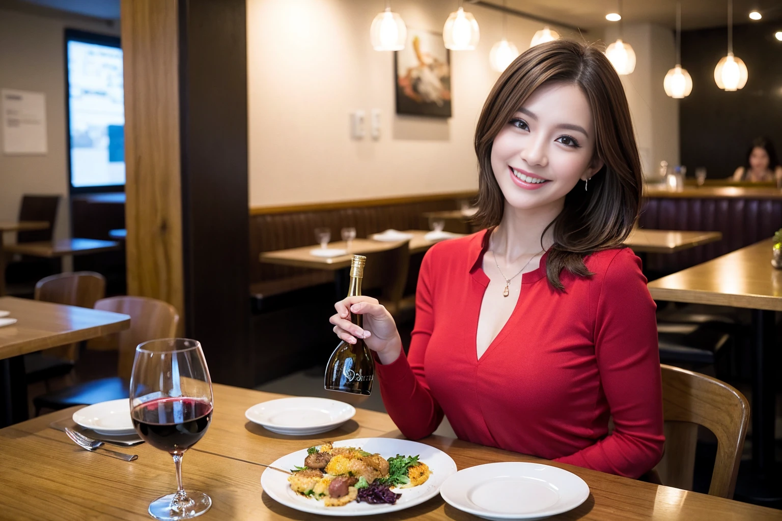 ((Highest quality、8K、masterpiece:1.3))、cute、slimカップル、modelカップル、actress男優、(Realistic, Intricate details:1.2), full-course dinner、Wine Party、Amazing view of the sunset sky and clouds、A bright smile、short hair,Bright Face、 (Age 44), Age 42, red wine 、Appetizers、Italian food、Wine bottle、Champagne、sparkling wine、Two beauties、Brown Hair、Shortcuts、Long sleeve shirt、dress、Beautiful woman 1, (slimな顔), (The body is slim), (Brown Hair), (Shortcuts), cheeks turn a little red,Attractive beauty、restaurant, In a prominent place (From the waist up) Nova Frog Style, actress, model, Upper Body, White wine, slim, wine glass, 中央に置かれたwine glass, smile, (smile: 1.15), Beautiful fine grain, Depth f/2,saturation, High Contrast, Strong light and shadow,Moist Body:1.5、3D texture、Delicate eyes、Brown Hair、The hair is very shiny、