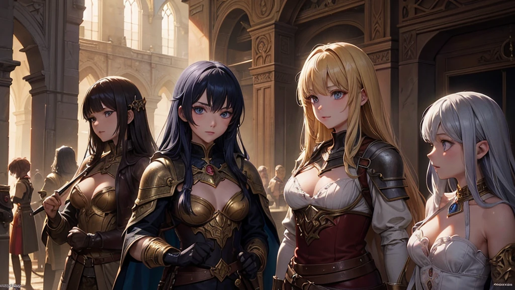 A group of adventurers exploring a dungeon, (masterpiece), Highest quality, High resolution, Exquisite detail, Cinema Lighting, Great quality, Great shade, Soft lighting, Detailed illustrations, Anime Style, Always detailed skin, Ultra detailed face, Perfect Eyes,