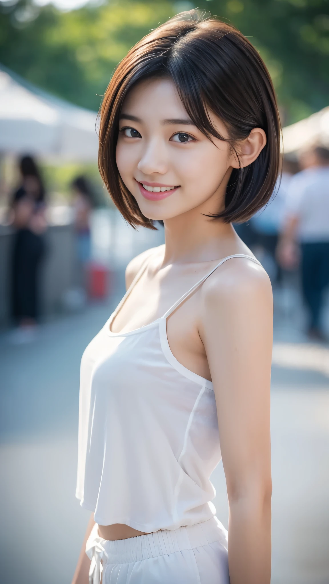 最high quality, table top, high resolution,18 years old wearing white camisole, 1 girl,very beautiful face,(very beautiful face의 초고화질 이미지)(White camisole),realistic, New York's Night View、blurred background、,full body image,(high definition skin:1.2),Looking at the camera with a smiling face,full body image 8K UHD, digital single-lens reflex camera, In softness, bright sunlight,high quality, volume lighting, high resolution,full body image,4K、Japanese university students、a sloppy smile、stand up straight、((((bust)))),one,Short hair style、camisole
