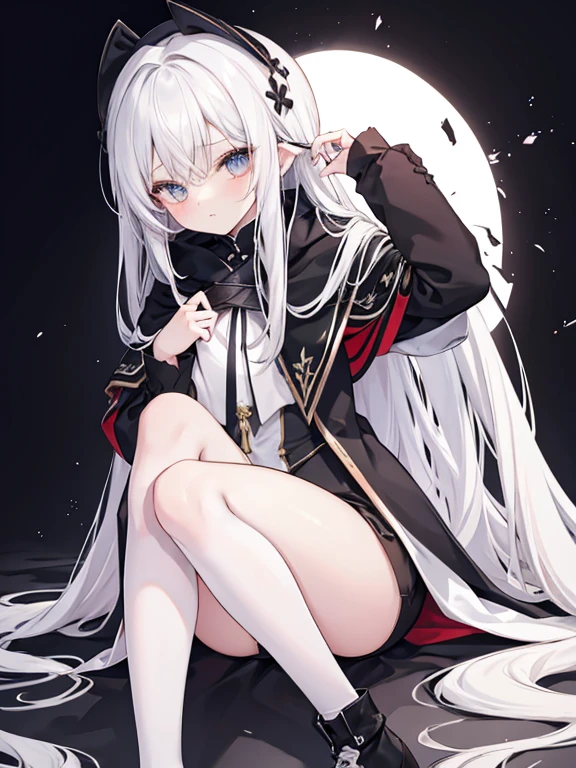 White hair，Waist-length hair，beautiful girl，No Expression，whole body，Height 145 cm，Black shawl cloak，A cloak that covers the body，Different world，HD，8K，detail，whole body，Over the knee socks，Knee socks，Black Silk，Red vest，Black shorts，Ankle boots，No background，With hands，Normal hand,Cute eyes