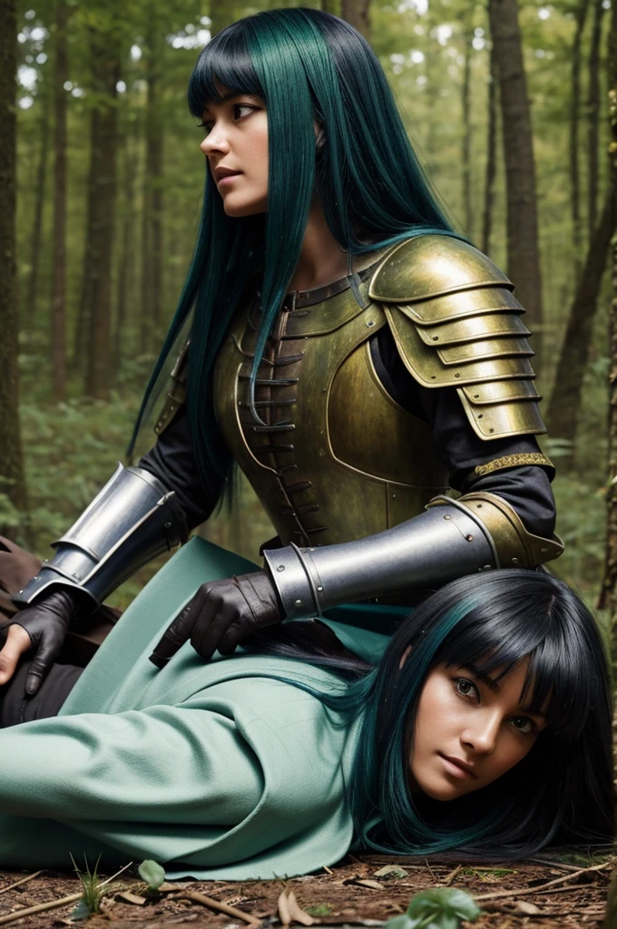 A forest landscape with many shades of green and yellow highlights, a woman with dark brown eyes, medium-long black hair with a fringe, half black, half blue, and blue locks from the fringe to the lock, with a white pointed cap and a long colored suit. green and a white wand in his hands , very happy with a medieval tone realistic cartoon style .and behind in the background a suit of armor sitting and disarmed on the ground lying