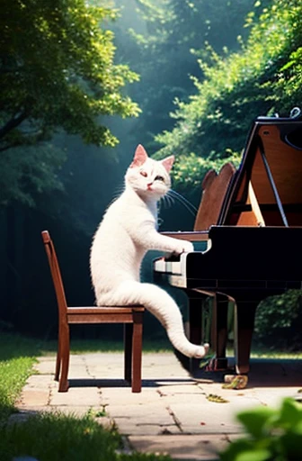 anime style, super fine illustration, highly detailed, dynamic angle, beautiful detailed, 8K, In the summer, during the daytime, in a semi-circular theater in the forest, BREAK an anthropomorphic cat sits on a chair, playing the piano. The cat's eyes are closed, and it has an expression of being immersed in the music. BREAK Anthropomorphic animals are present as the audience. BREAK Musical notes overflow from the piano.I stepped on a cat。
