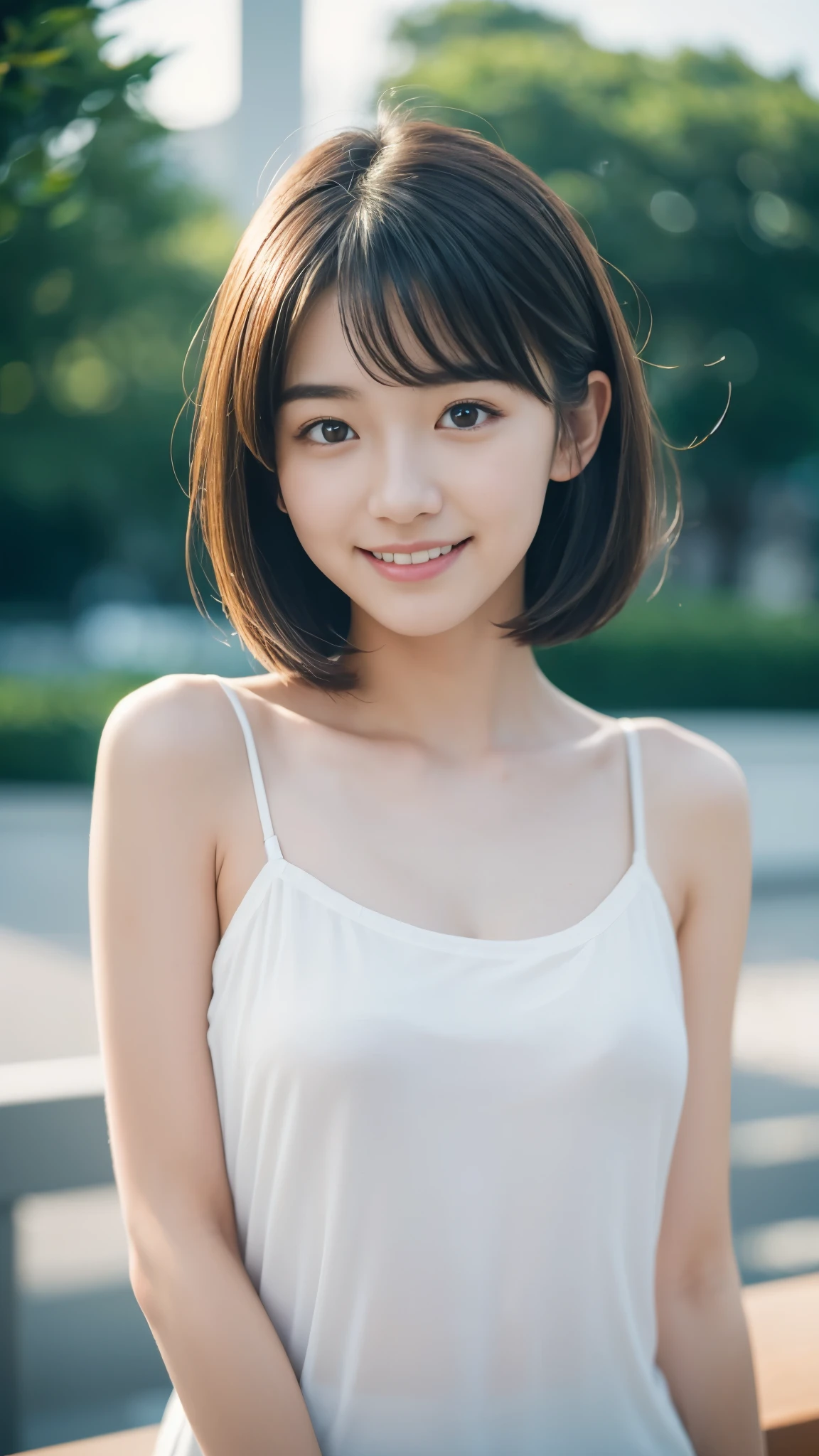 最high quality, table top, high resolution,18 years old wearing white camisole, 1 girl,very beautiful face,(very beautiful face의 초고화질 이미지)(White camisole),realistic, New York's Night View、blurred background、,full body image,(high definition skin:1.2),Looking at the camera with a smiling face,full body image 8K UHD, digital single-lens reflex camera, in softness, bright sunlight,high quality, volume lighting, high resolution,full body image,4K、Japanese university students、a sloppy smile、stand up straight、((((bust)))),one,Short hair style、camisole