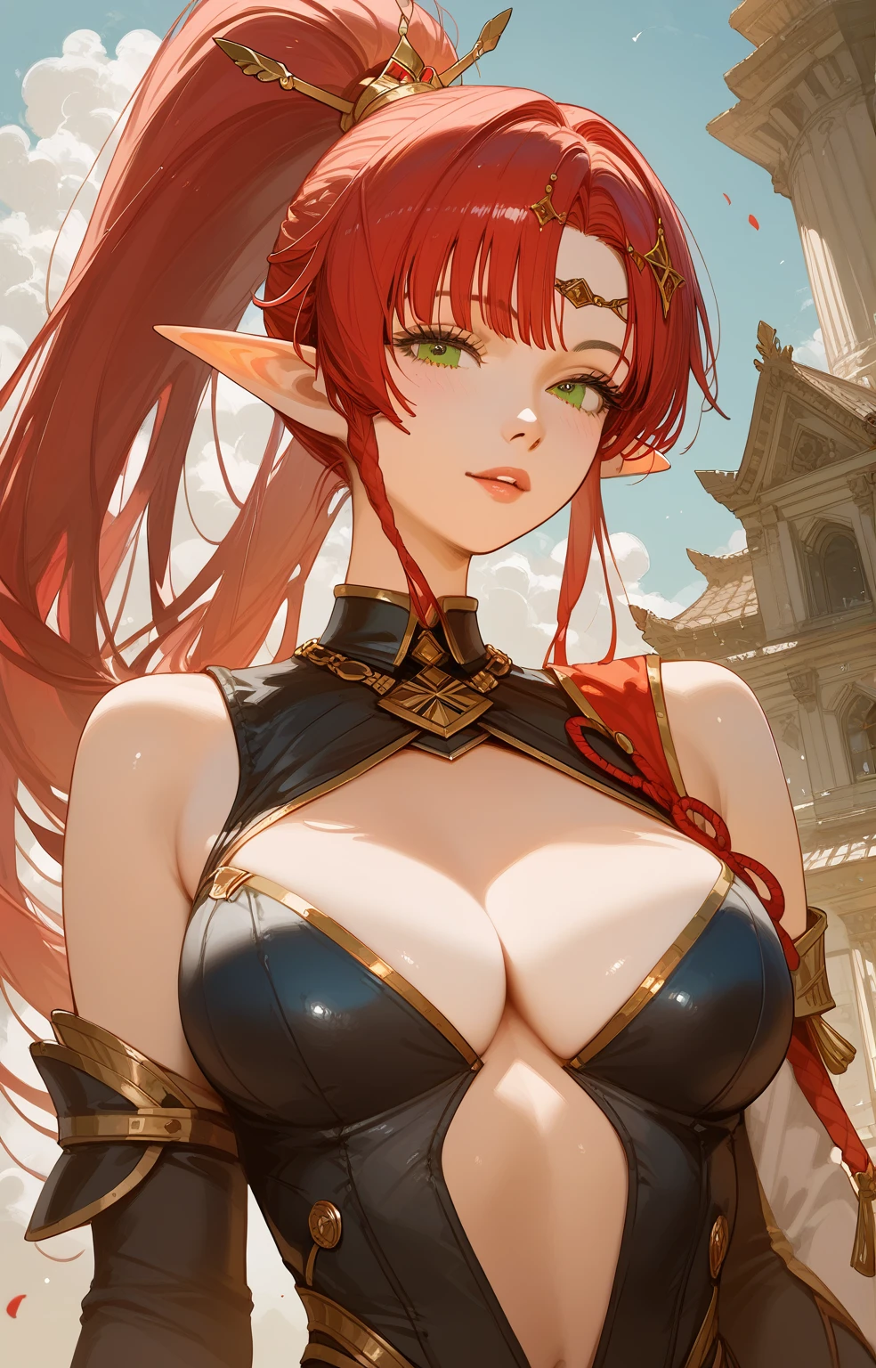 (score_9, score_8_up, score_7_up, score_6_up, score_5_up, score_4_up), masterpiece, best quality, high_resolution, 8k, UHD, 1girl, detailed, extremely detailed, best anatomy, (large breasts), long hair, red hair, bangs, ponytail, hair ornament, elf ears, 