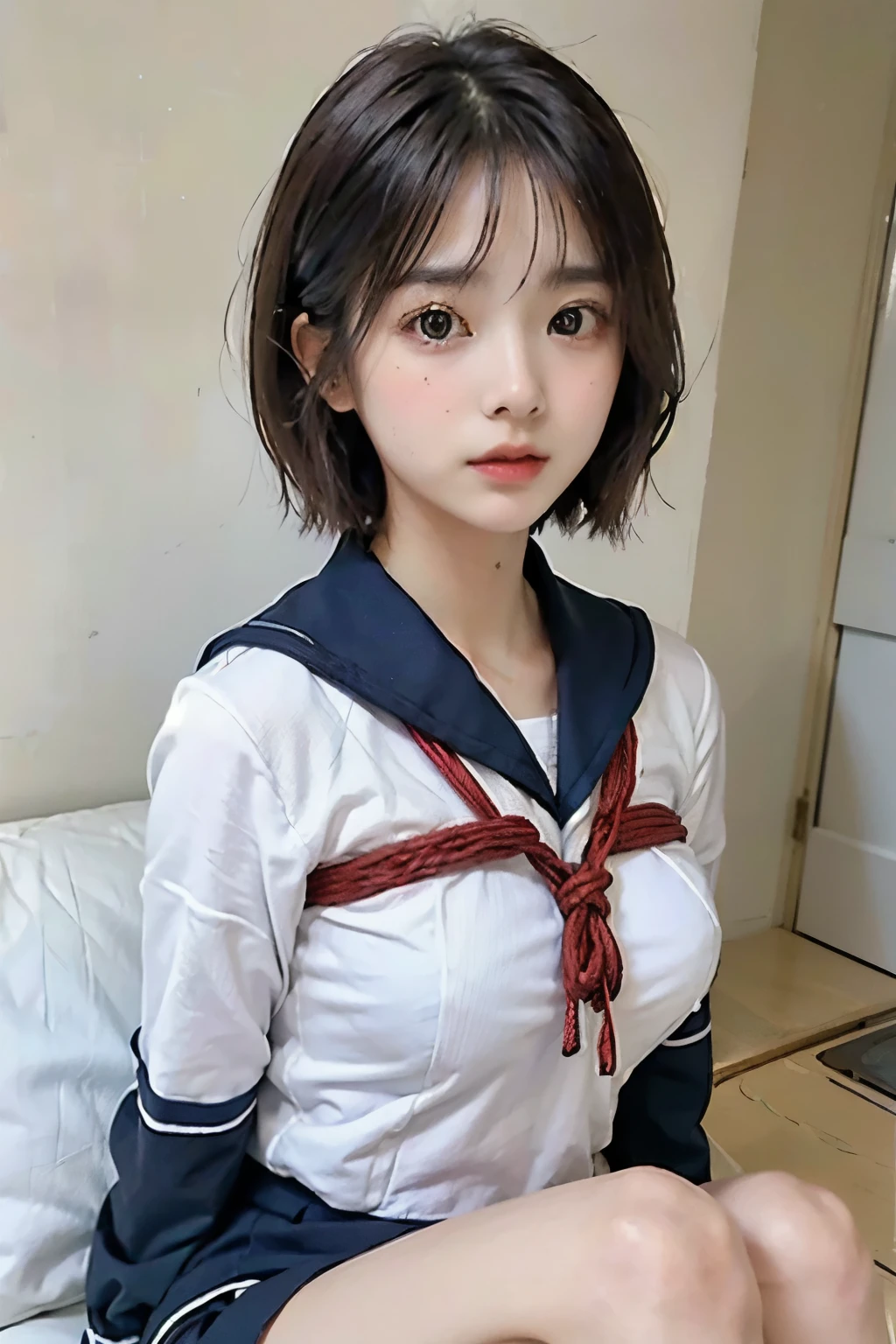 ((Highest quality, 8K, masterpiece :1.3)), 1 innocent girl:1.3, (short hair,Sailor suit,Beautiful breasts :1.2 ),Ultra mini skirt, Highly detailed face, Beautiful Eyes, double eyelid,whole body,Cute face,Sitting,(Realistic Face),(Realistic Skin),Smart Body,From the side,half Japanese and half European,Innocent face,Tied up with red rope,White panties,((bound))