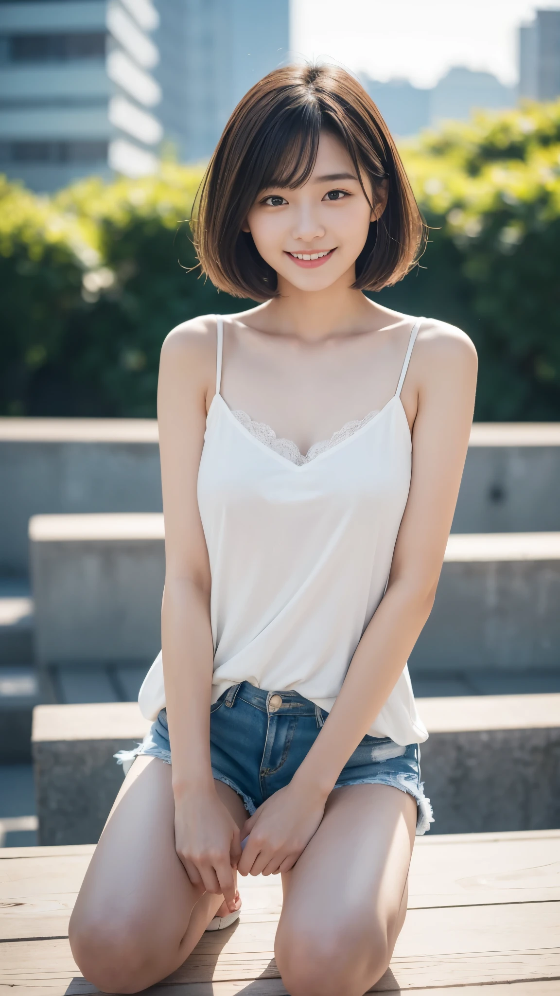 最high quality, table top, high resolution,18 years old wearing white camisole, 1 girl,very beautiful face,(very beautiful face의 초고화질 이미지)(White camisole),realistic, New York's Night View、blurred background、,full body image,(high definition skin:1.2),Looking at the camera with a smiling face,full body image 8K UHD, digital single-lens reflex camera, in softness, bright sunlight,high quality, volume lighting, high resolution,full body image,4K、Japanese university students、a sloppy smile、stand up straight、((((bust)))),one,Short hair style、camisole