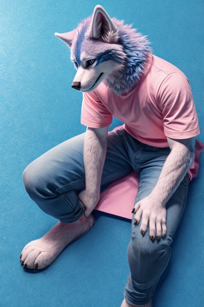 full body Male blue wolf furry black eyes blue background fluffy tail lying down on the floor with squat legs open skinny light pink color jeans and pink shirts