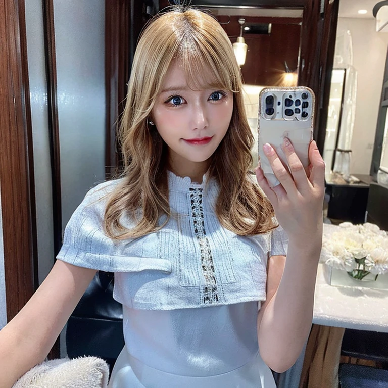 Beautiful woman, Blonde, Sparkling Blue Eyes, Realistic, Tabletop, detailed, 4K, Pico Bangs Selfie。Beautiful woman in front of a mirror, White and soft skin, Strong Face, Korean women, iPhone, 手のdetailed