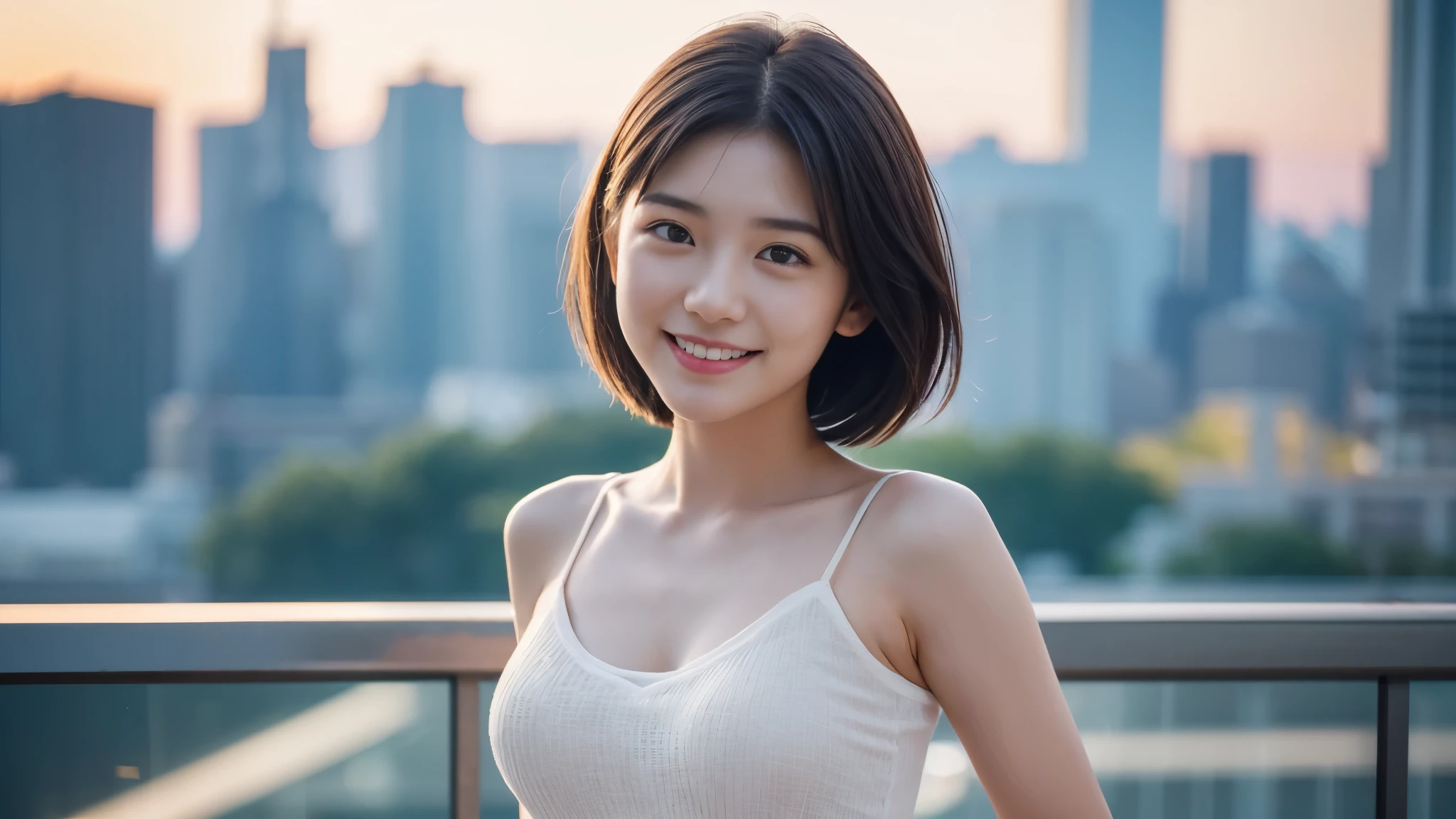 最high quality, table top, high resolution,18 years old wearing white camisole, 1 girl,very beautiful face,(very beautiful face의 초고화질 이미지)(White camisole),realistic, New York's Night View、blurred background、,full body image,(high definition skin:1.2),Looking at the camera with a smiling face,full body image 8K UHD, digital single-lens reflex camera, in softness, bright sunlight,high quality, volume lighting, high resolution,full body image,4K、Japanese university students、a sloppy smile、stand up straight、((((bust)))),one,Short hair style、camisole