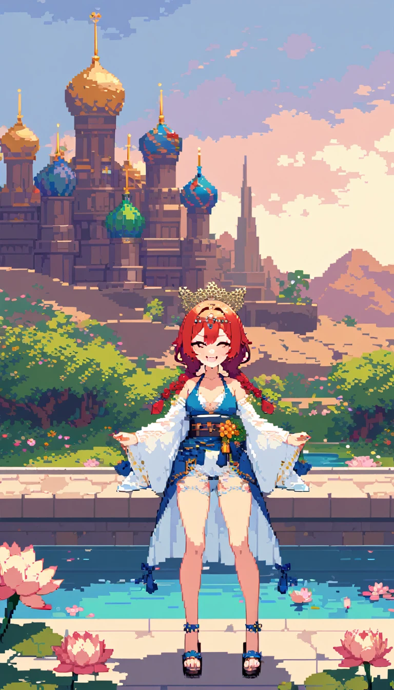 masterpiece, Highest quality, 8K, Pixel Art, ((One woman)), whole body, smile, He is laughing with joy., Showing teeth, Squinting, Red Hair, Big braids, Circlet, {{Jewelry decoration}} , Blue Vest, bikini, 際どいbikini, See-through pantaloons, Sandals, Obi sword at waist, Leather Belt, desert, A stone castle in the distance, palace, Artificial pond, lotus, lotusの花