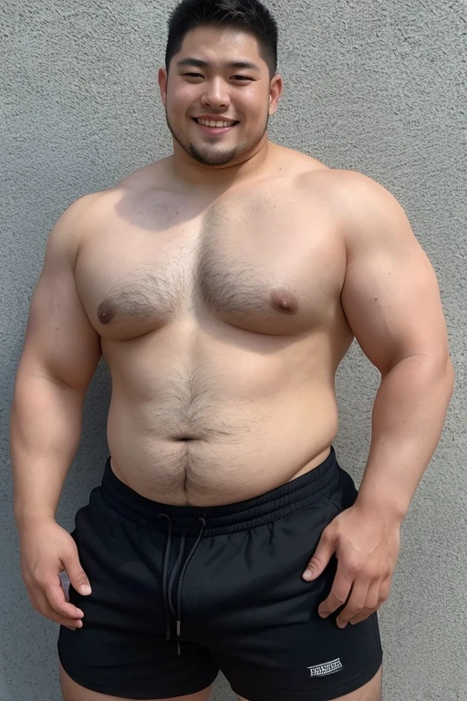 ((highest quality)), ((masterpiece)), (detailed), ((Perfect Face)), 4k, Shaved head, Young Japanese, Muscular, Fat body, Very big man, smile, ((showing off crotch))A large Japanese man topless、whole body、Rugby、Thick legs、Thick arm muscles、Intimidating、whole body、wearing a very short tight black shorts