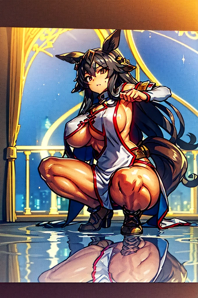 (ultra-detailed:1.1),perfect anatomy,
best quality,high quality, amazing quality, 
1 girl,solo,milf,in 2000s style,in fire_emblem:_genealogy_of_the_holy_war style,(umamusume),in granblue fantasy style,
horse ears,(horse tails from top of hip:1.2),
nsfw,vulgarity,humid,
squatting,spread legs,
clothed,wedding dress,military uniform,(breast curtains:1.4),
(underboob:1.3),(side boob:1.3),huge breast,
cleavage cutout,prostitution,
pelvic curtain,
metallic iridescent glitter costume,
(shiny reflection light:1.2), 