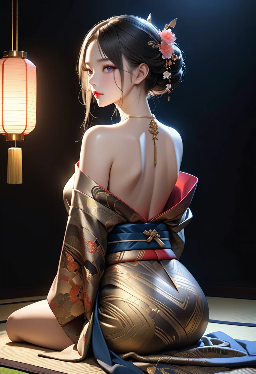 A beautiful translucent android in a gorgeous jet black kimono, sitting on a tatami mat against a pitch black background, illuminated by the soft glow of a single lantern, (ultra high quality, super realistic, masterpiece:1.5), (realistic, photo-realistic:1.37), cinematic lighting, ultra-fine painting, physically based rendering, brilliant colors, 1girl, beautiful detailed eyes, beautiful detailed lips, extremely detailed face, long eyelashes, hairless mannequin-like head, very beautiful and alluring kimono pattern in gold, beautiful and gorgeous obi with gold accents, sexy back visible, ultra-detailed texture and beauty of the kimono and obi, 16k, hyper-detailed