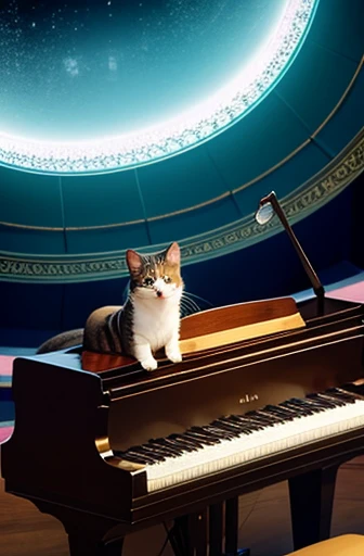 anime style, super fine illustration, highly detailed, dynamic angle, beautiful detailed, 8k, In the summer, during the daytime, in a semi-circular theater in the forest, BREAK an anthropomorphic cat sits on a chair, playing the piano. The cat's eyes are closed, and it has an expression of being immersed in the music. BREAK Anthropomorphic animals are present as the audience. BREAK Musical notes overflow from the piano.angry face,rock style ,punk,デスメタル,
