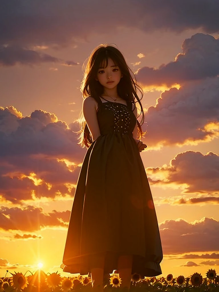 A young girl stands in a field of sunflowers, bathed in the warm hues of the setting sun. Her silhouette glows golden in the twilight, blending seamlessly with the towering sunflowers around her. Her hair and dress sway gently in the breeze, evoking the peaceful end of summer. The sky stretches out behind her, with the sun dipping low, painting a dreamy, vibrant canvas.