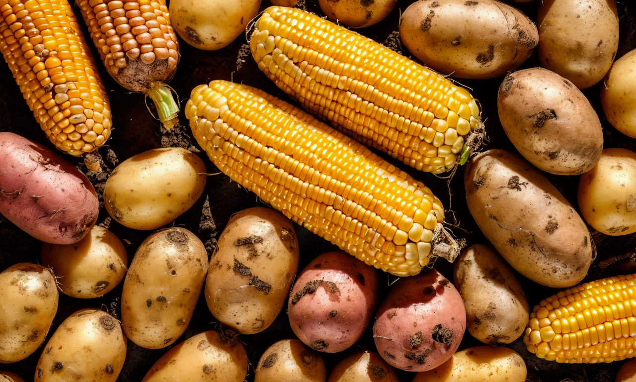 Close up of freshly dug potatoes and corn