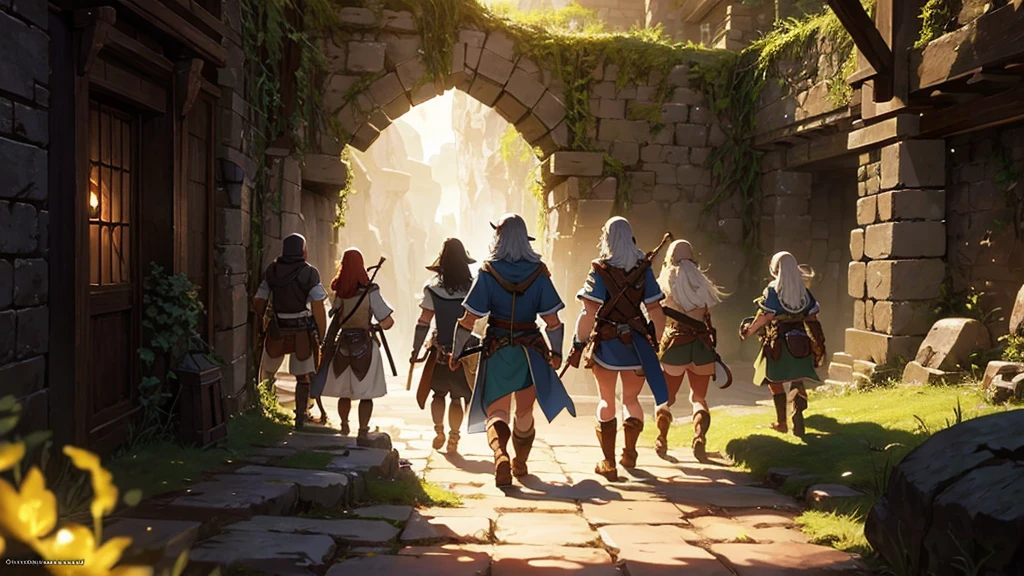 A group of adventurers exploring a dungeon, Elf Dwarf Highest quality, High resolution, anime, Cinema Lighting, Great quality, Great shade, Soft lighting, Detailed illustrations,