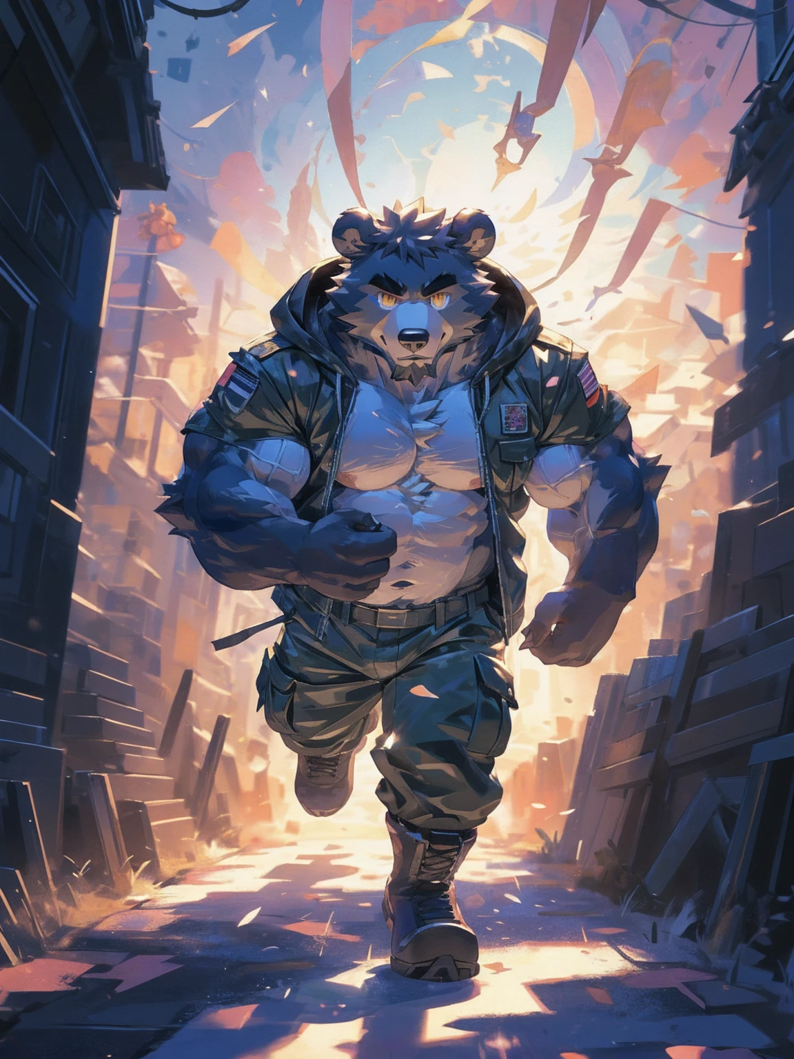 (masterpiece:1.2), best quality,pixiv,official art,perfect anatomy, (Ray tracing, light),solo, (1_male:1.3) , (muscle), (grey fur:1.4), (muscle bear), (beard:1.2), (gleaming golden eyes), bear tail, full body, Thick black eyebrows,(open hooded parka), (naked inside), (cargo pants:1.2), boots, running, arcadia