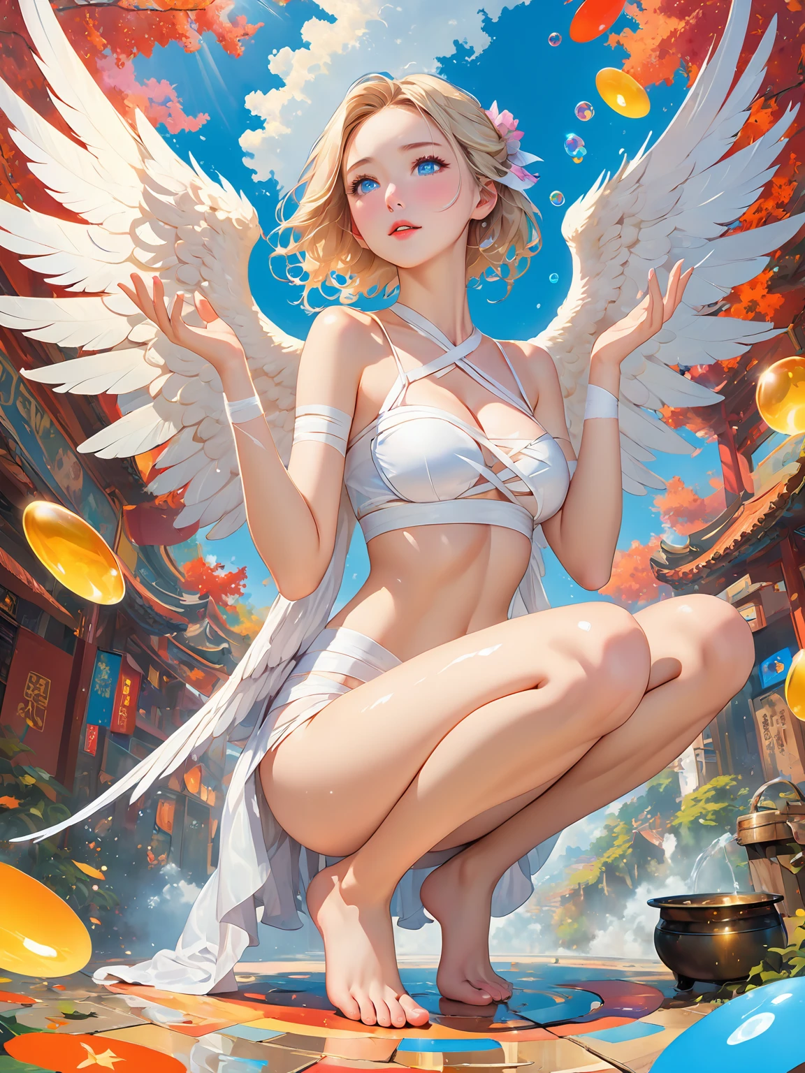 leagueoflegends,lol,splashart,womanwearingawitchcostume,hauntedforestinthebackground,cauldron,bubbles,scarysetting,Facial lighting,Volumetric light,Angel,bandages,delicate face,(((hands raised,))),(((hanging:1.5))),looking to the ground,tiptoeing,sweat,scars,large breasts,angel,(Milky skin, shiny skin:1.5),(bandages:1.4),feathered wings,angel wings,barefoot,blush,(skinny legs:1.5),platinum blonde hair,((breasts)),Hands together,Hair,(scar:1.5),sweat,White liquid,(Huge wings:1.5),((squatting)),from below,full body,Fisheye lens,offcial art,colorful,Colorful background,splash of color,movie perspective,(advertising style, magazine cover:1.4),A beautiful woman with delicate facial features,(meca style),full body portrait,Best quality,masterpiece,ultra high res,Modern,Chinese,Song rhyme,Oriental,pretty,Blue eyes,(wide shot, wide-angle lens,Panoramic:1.2),super vista,super wide Angle,Low Angle shooting,super wide lens,masterpiece,best quality,ultra-detailed,